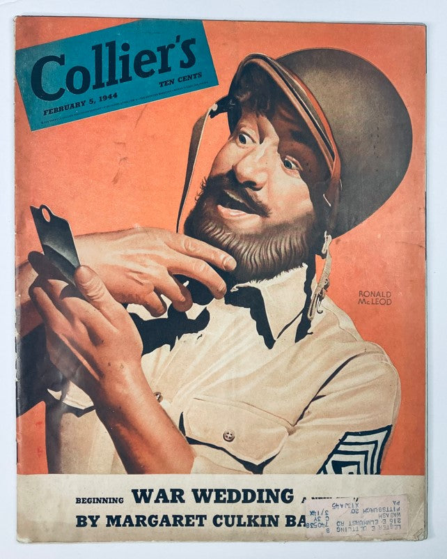 Cover of VTG Collier's Magazine February 5, 1944, featuring a colorful illustration of a soldier with a helmet and a humorous expression, accompanied by the title "War Wedding" by Margaret Culkin Banning.
