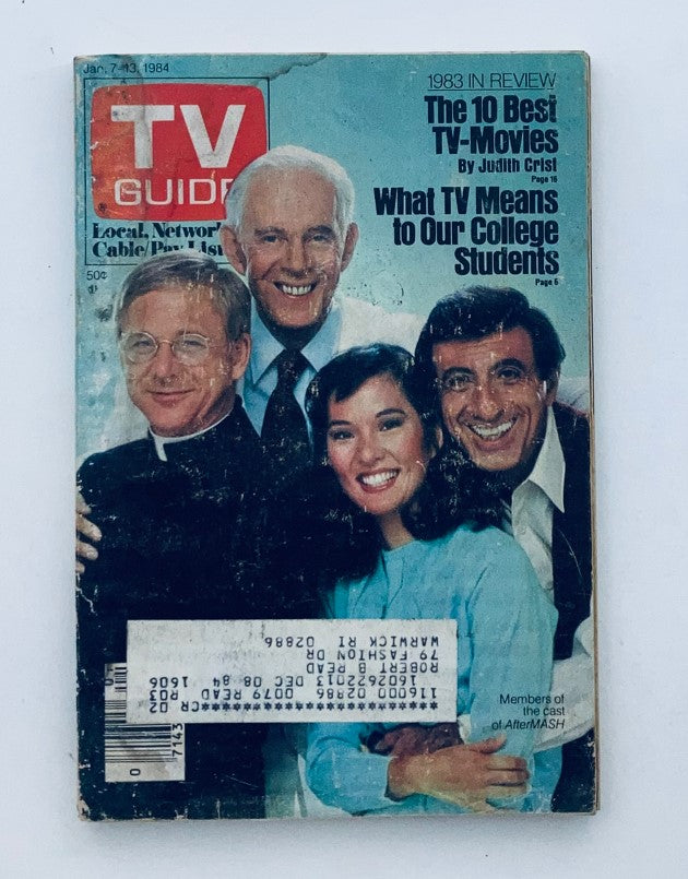 Cover of TV Guide Magazine from January 7, 1984 featuring The Cast of AfterMASH, showcasing four cast members, and highlighting various TV shows with a retro design.