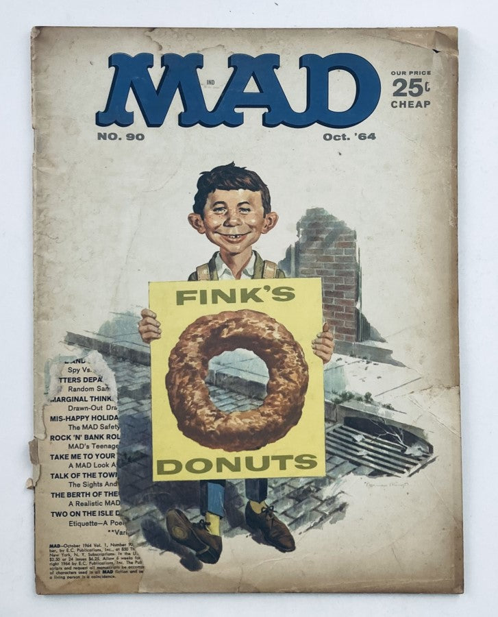 Cover of Mad Magazine October 1964 No. 90 featuring a character holding a sign that says 'Fink's Donuts.' This vintage magazine showcases the humor and art style of the 1960s.