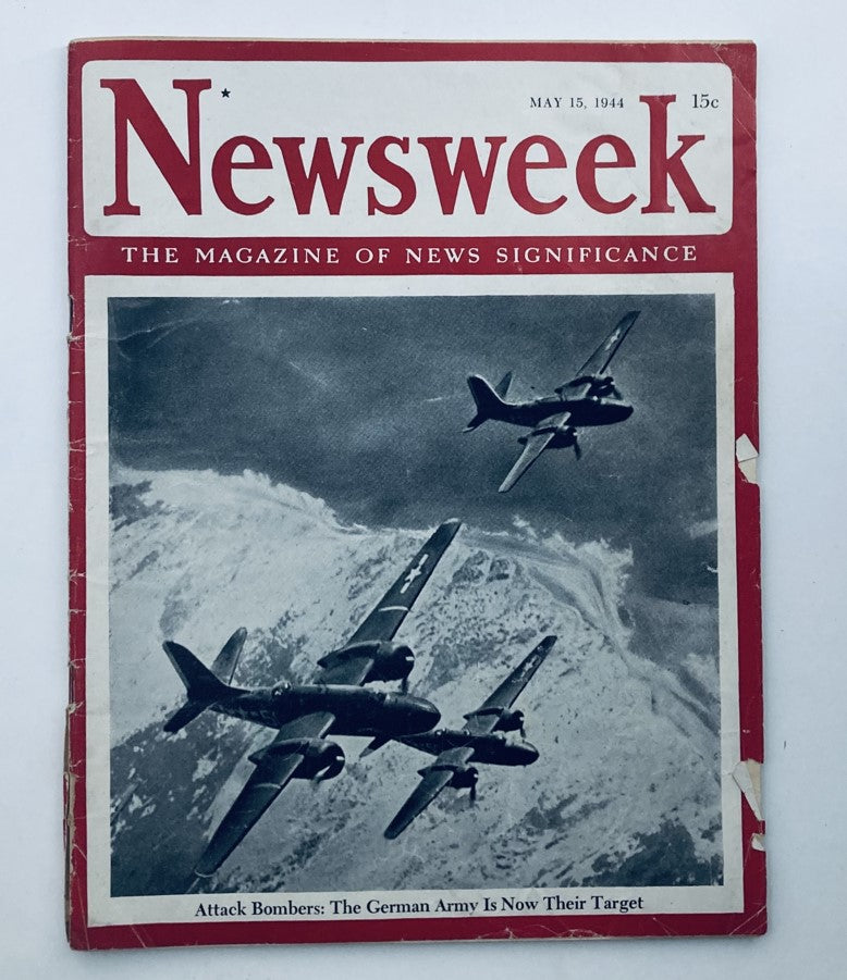 Cover of VTG Newsweek Magazine May 15 1944 featuring Attack Bombers and The German Army, showcasing a dramatic aerial scene.