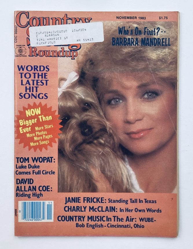 Cover of VTG Country Song Roundup Magazine November 1983 featuring Barbara Mandrell and Tom Wopat with a decorative banner and details of the magazine's features.
