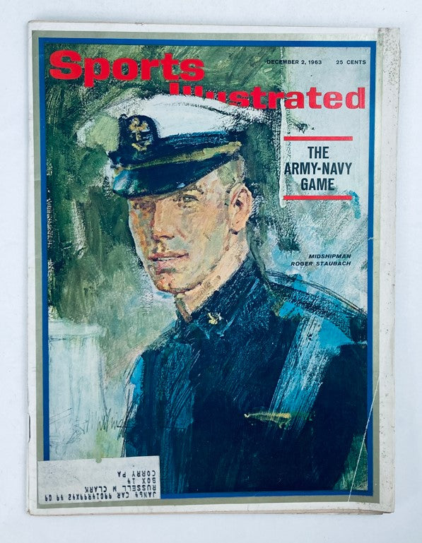 Cover of Sports Illustrated magazine from December 2, 1963, Volume 19, Number 23, featuring a portrait of Midshipman Roger Staubach, highlighting the Army-Navy game.