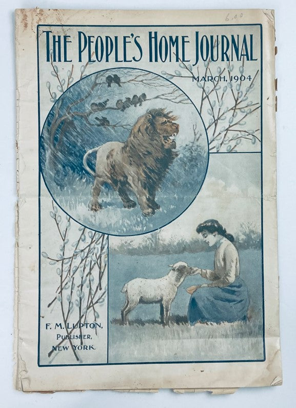 Cover of VTG The People's Home Journal Magazine March 1904 featuring an artistic illustration of a lion and a woman with a sheep, representing vintage culinary culture.