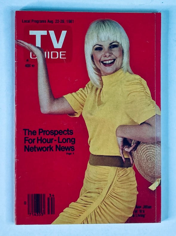 TV Guide Magazine August 22, 1981, issue number #1482 featuring Ann Jillian on the cover, showcasing a vibrant red background with the title prominently displayed and the cover star, Ann Jillian, posing in a stylish yellow outfit.