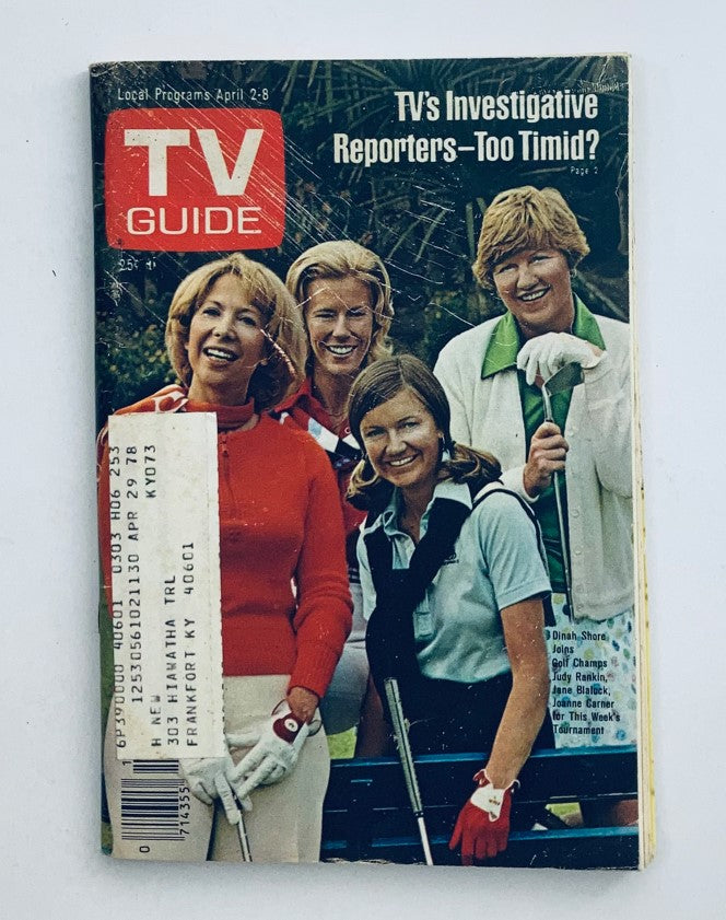 TV Guide Magazine April 2 1977 cover featuring Dinah Shore and Jane Blalock, showcasing vintage television culture with a playful headline about investigative reporters.