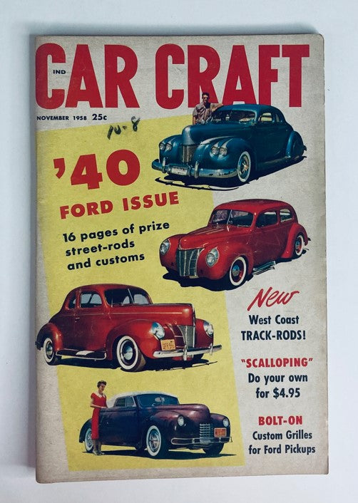 VTG Car Craft Magazine November 1958 Vol 6 No. 7 featuring classic Ford cars and automotive culture with red and yellow cover art.