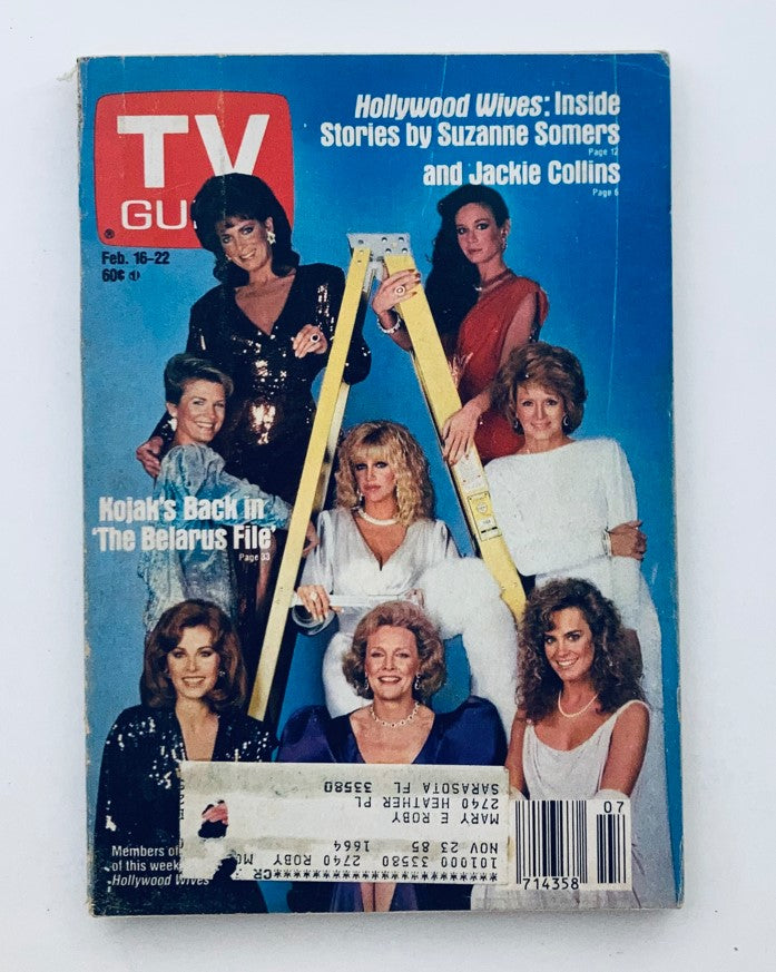 TV Guide Magazine cover featuring 'Hollywood Wives', February 16, 1985 edition. Highlights include articles on Suzanne Somers and Jacqueline Collins, with a colorful layout and multiple actresses pictured.