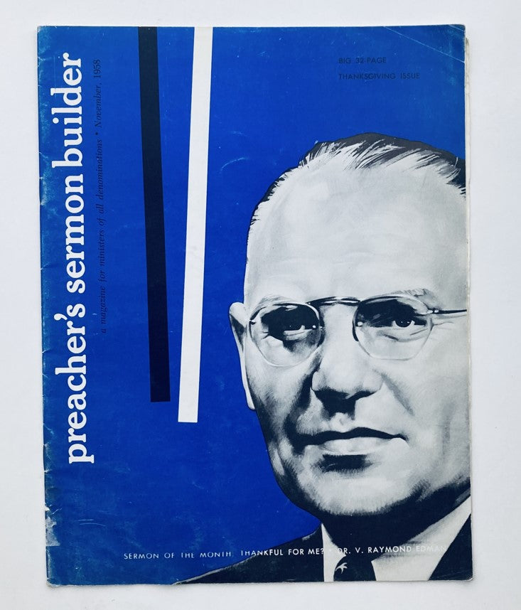 Cover of VTG Preacher's Sermon Builder Magazine November 1958 featuring an illustration of Dr. V. Raymond Edman.