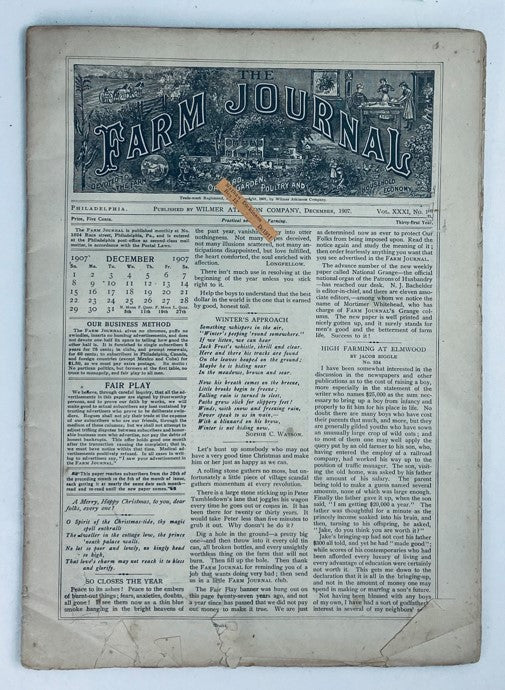 Cover of the VTG The Farm Journal Magazine December 1907 Vol 31 #1 showcasing agricultural themes and early 20th-century farming activities.