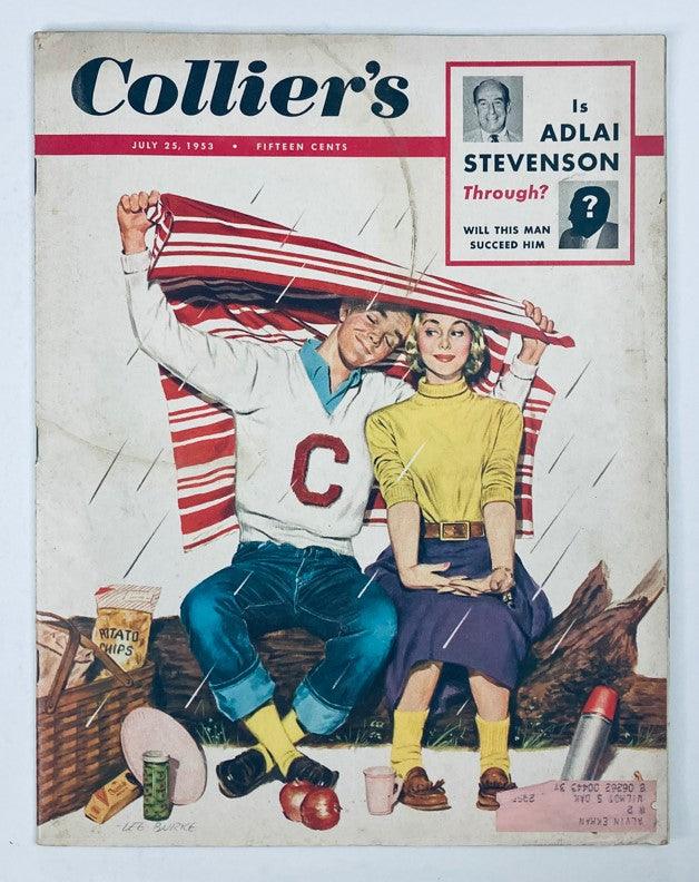 Cover of VTG Collier's Magazine July 25, 1953 featuring a couple under an umbrella with a striped background and the headline 'Is Adlai Stevenson Through?' highlighting the political climate of the era.