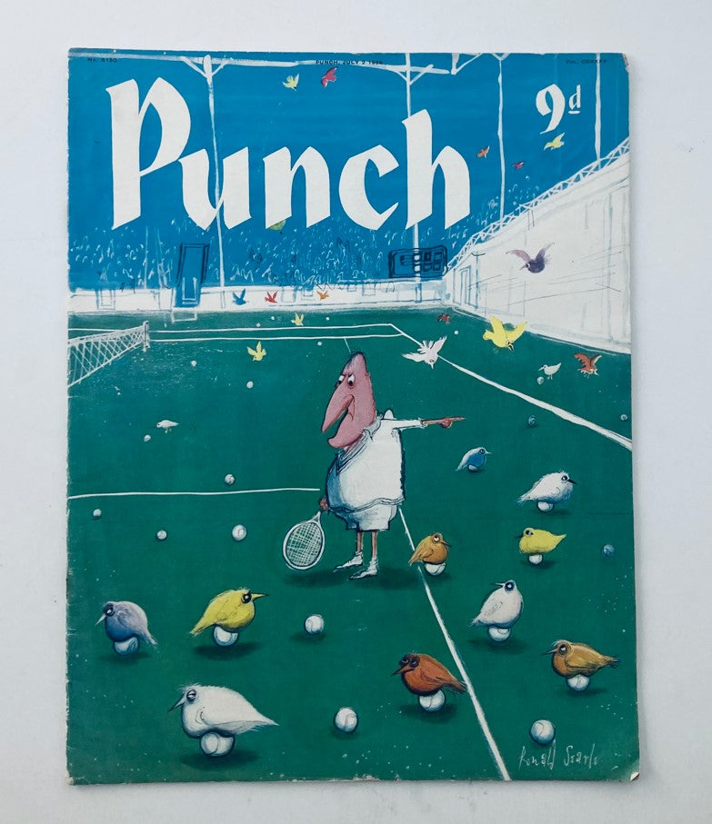 Cover of VTG Punch Magazine July 2, 1958 Vol 225 #6150 featuring a humorous illustration of a tennis player surrounded by colorful birds on a green court.