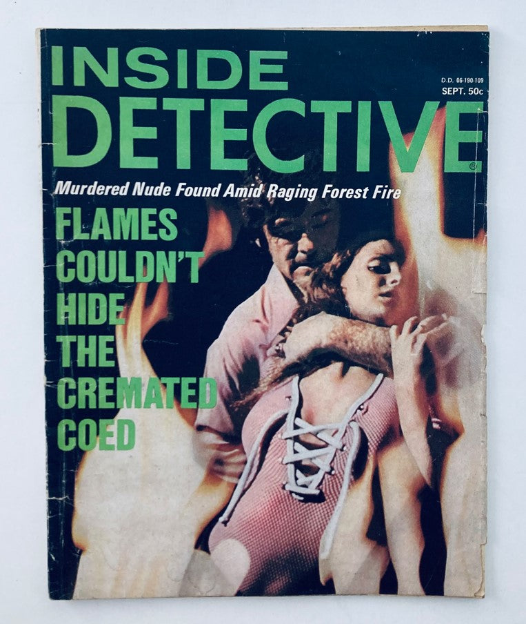VTG Inside Detective Magazine September 1971 cover featuring the headline 'Flames Couldn’t Hide the Cremated Coed' with a dramatic image of a man holding a woman against a fiery background.