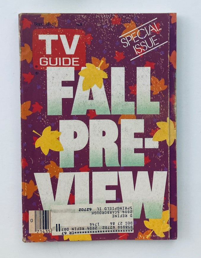 Cover of the TV Guide Magazine September 13, 1986, featuring the Fall Preview Special for Eastern Illinois, with vibrant fall leaves and bold text stating 'FALL PREVIEW.'