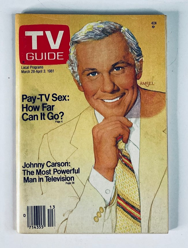 TV Guide Magazine March 28 1981 featuring Johnny Carson on the cover, showcasing the title 'Pay-TV Sex: How Far Can It Go?' and the subtitle 'Johnny Carson: The Most Powerful Man in Television'.