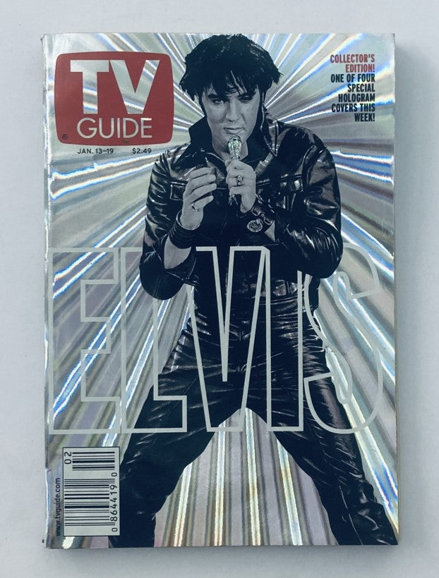 TV Guide Magazine January 13 2001 featuring Elvis Presley on the cover in a shiny holographic design. This collector's edition showcases Elvis in his iconic style, making it a unique piece of pop culture memorabilia.
