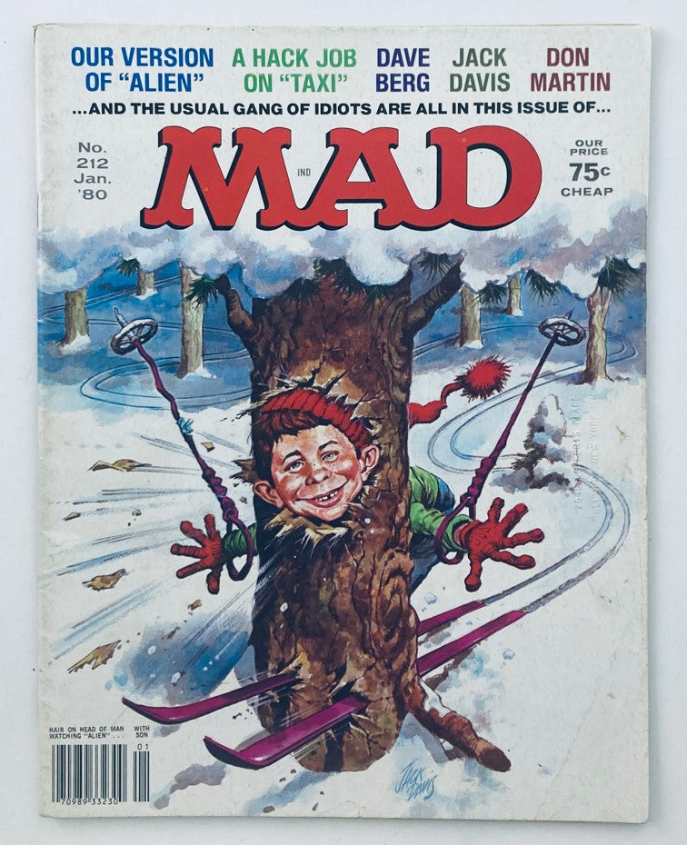 Front cover of VTG Mad Magazine January 1980 No. 212 featuring a comedic illustration related to 'Taxi' with the title 'A Hack Job on Taxi'. The magazine showcases vibrant colors and iconic Mad Magazine design, priced at 75 cents.