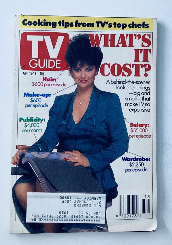 Cover of TV Guide Magazine, April 13 1991, featuring Delta Burke with the headline 'What's It Cost?' The magazine discusses the financial aspects of television production, including make-up, publicity, salary, and wardrobe costs. The cover reflects early 90s design elements and highlights Delta Burke, known for her role in 'Designing Women.'
