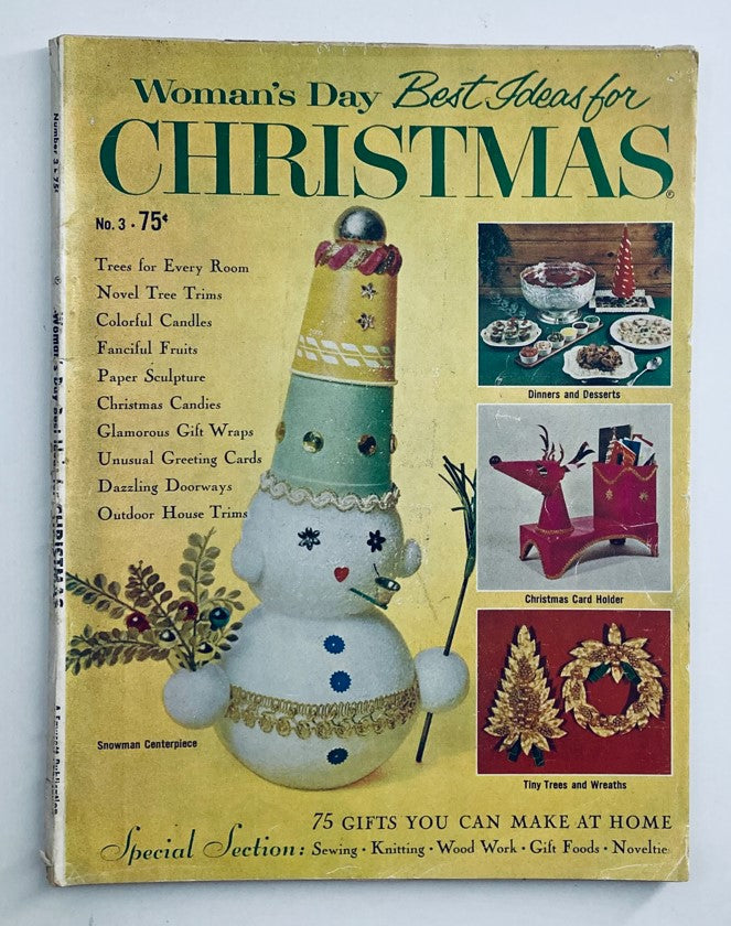 Vintage Woman's Day Magazine December 1961 cover featuring 'Best Ideas for Christmas', showcasing festive decorations, recipes, and crafts including a snowman centerpiece and colorful holiday themes.