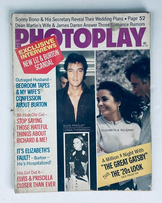 Cover of VTG Photoplay Magazine July 1974 featuring Elvis Presley, Lynda Thompson, and Elizabeth Taylor. This vintage magazine highlights exclusive interviews and insights into pop culture from the 1970s.