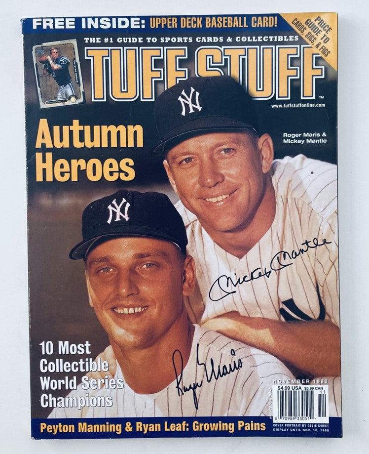 Tuff Stuff Magazine November 1998 featuring baseball legends Mickey Mantle and Roger Maris on the cover, showcasing the theme of 'Autumn Heroes'. This collectible magazine highlights the significance of baseball history and memorabilia.