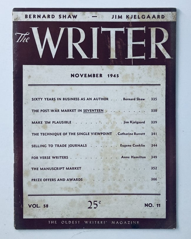 VTG The Writer Magazine November 1945 Vol 58 No 11 cover featuring articles for verse writers with a vintage design.