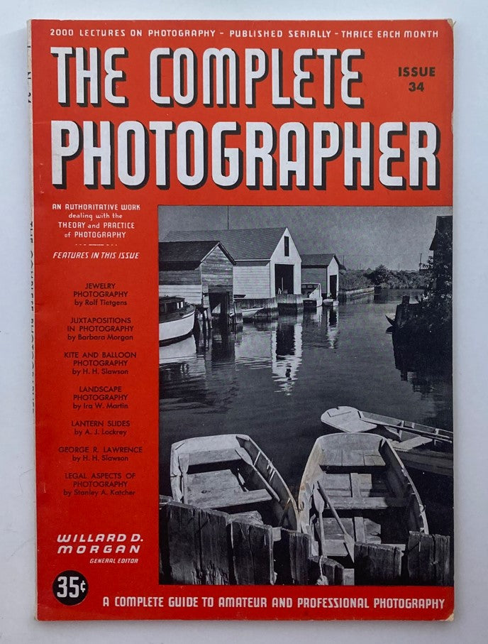 Cover of The Complete Photographer Magazine Issue 34 from August 20, 1942, showcasing lantern slides and photography features, with a vibrant red and black design.