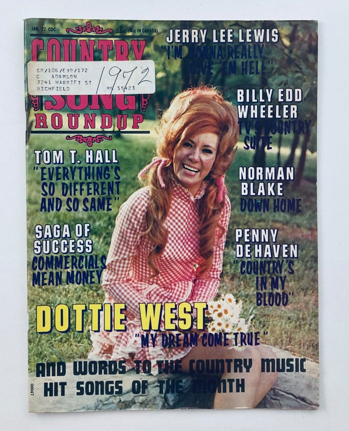 Cover of VTG Country Song Roundup Magazine January 1972 featuring Dottie West, highlighting her hit song 'My Dream Come True'. The magazine includes articles on various country music stars.