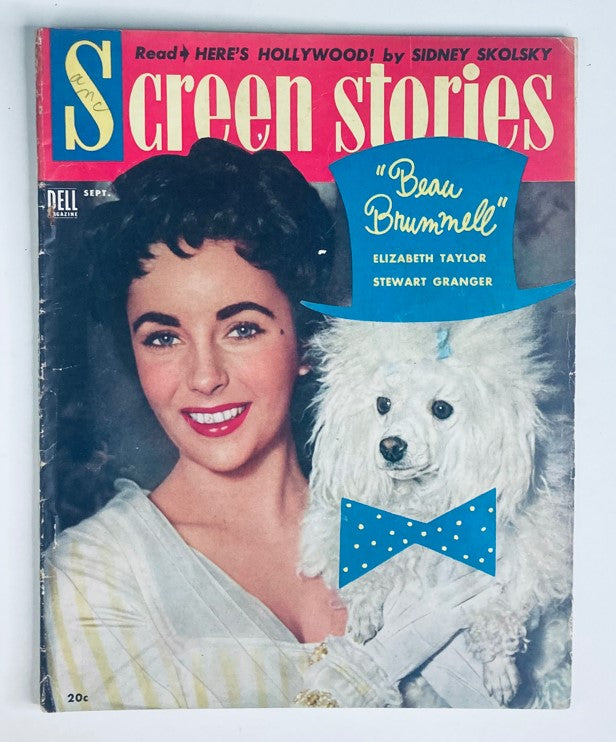 VTG Screen Stories Magazine September 1954 featuring Elizabeth Taylor on the cover, with a white poodle and a blue bow tie.