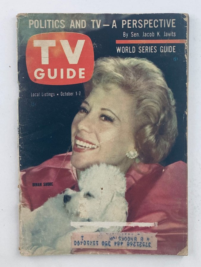 TV Guide Magazine October 1 1960 #392 featuring Dinah Shore on the cover with her pet dog, an iconic representation of early television history.