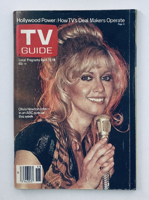 Cover of TV Guide Magazine April 12 1980 featuring Olivia Newton-John, showcasing her as a pop culture icon from the late 1970s with microphone in hand.