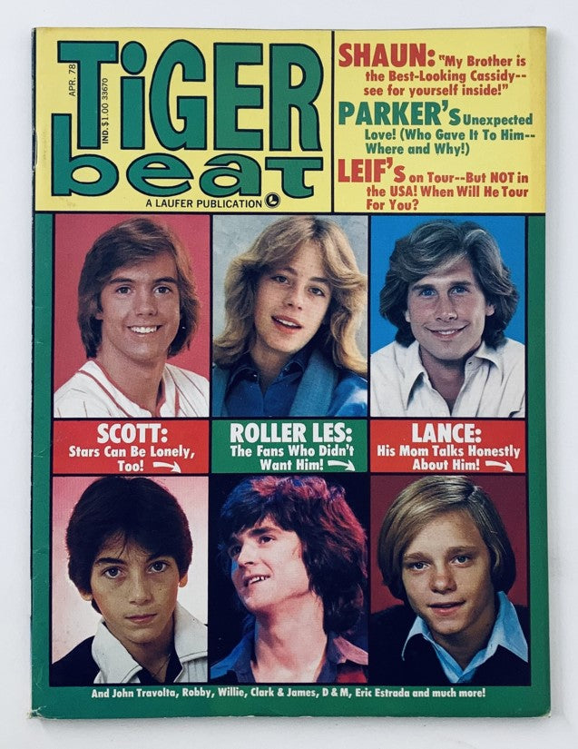 Tiger Beat Magazine April 1978 cover featuring John Travolta, Clark Brandon, and other teen idols, showcasing vibrant pop culture from the late 1970s.