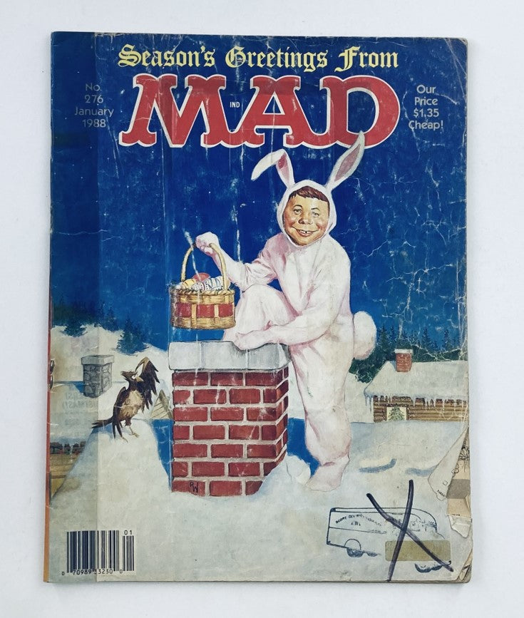 Cover of Mad Magazine January 1988 No. 276 featuring Edwing in a bunny costume on a snowy chimney. Vintage comic magazine reflecting late 80s humor.
