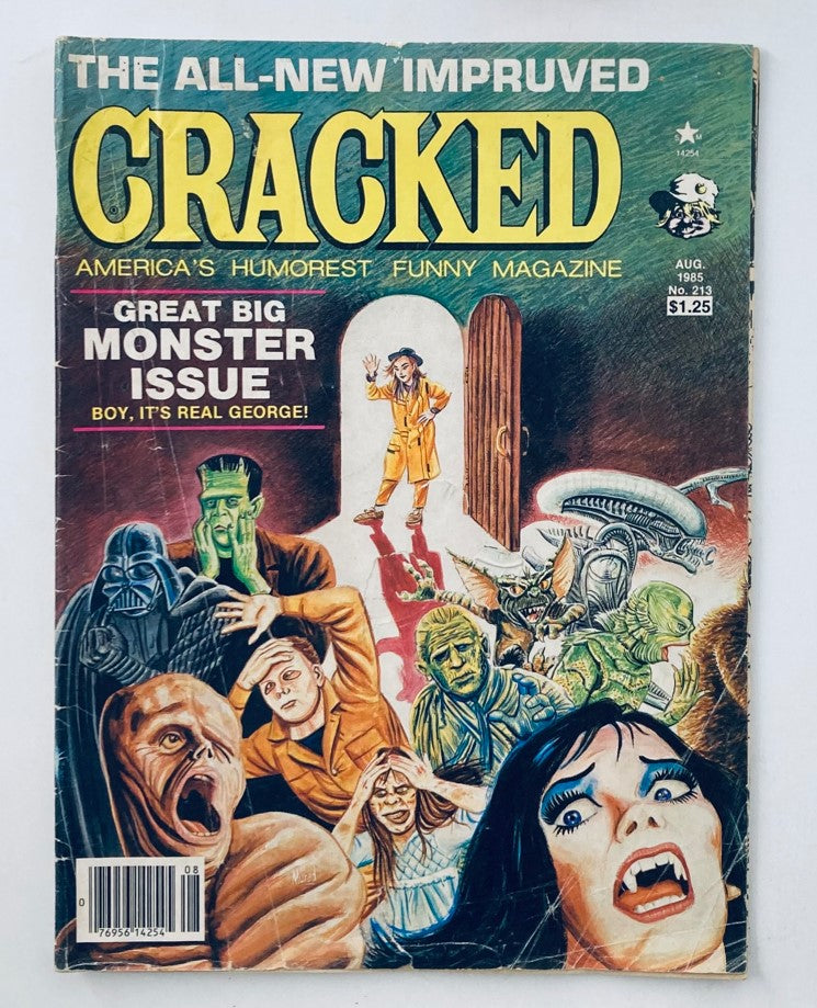 Cover of VTG Cracked Magazine August 1985 No. 213: It's Real George 2.0, featuring a colorful illustration of various monster characters and a central character in a doorway.