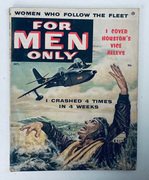 VTG For Men Magazine October 1955 cover featuring a dramatic illustration of a man in distress with an airplane overhead and the headline 'For Men Only'. This vintage magazine highlights Houston's vice alleys.