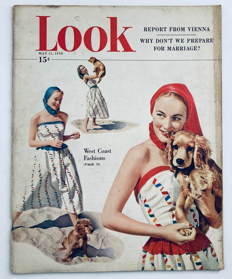 Cover of VTG Look Magazine, May 11, 1948, featuring diverse West Coast fashions, including models in colorful Tabak Sunback Dresses alongside a dog.