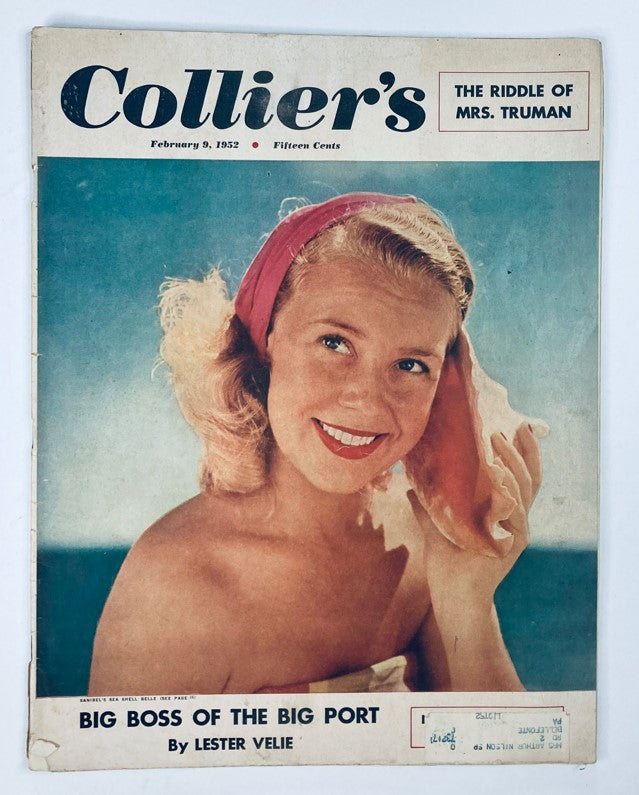 Cover of VTG Collier's Magazine from February 9, 1952, featuring the title 'The Riddle of Mrs. Truman' with a smiling woman holding a seashell.