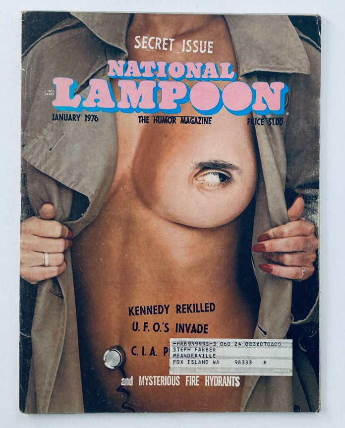 Vintage National Lampoon Magazine January 1976 cover featuring the controversial story 'Kennedy Rekilled' and UFO themes, showcasing unique humor representative of the era.