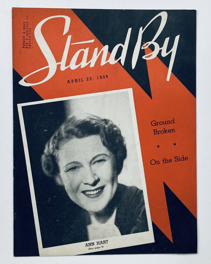 Cover of VTG Stand By Magazine dated April 23, 1938 featuring Ann Hart, with titles 'Ground Broken' and 'On the Side'.