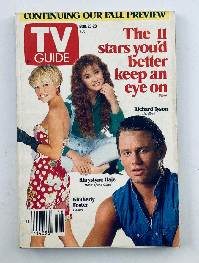 Cover of TV Guide Magazine September 23 1989 featuring Kimberly Foster, Khrystyne Haje, and Richard Tyson with the title 'The 11 stars you'd better keep an eye on' and noting the page for Hardball.