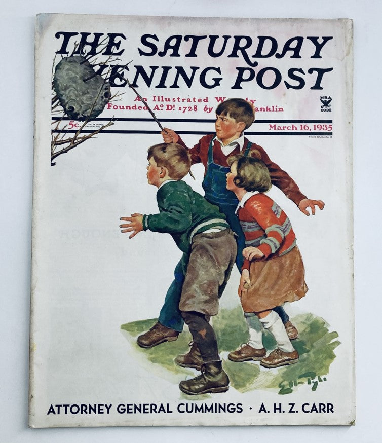 Cover of The Saturday Evening Post Magazine from March 16, 1935 featuring children observing a nest, spotlighting Attorney General Cummings.