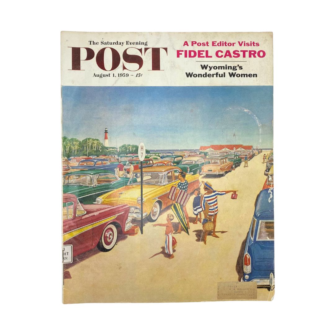 Cover of Saturday Evening Post Magazine August 1 1959 featuring 'Ocean Breeze' by James Williamson, showcasing a vibrant beach scene with classic cars and people enjoying a sunny day.