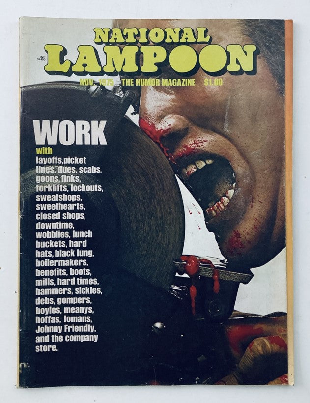 Cover of Vtg National Lampoon Magazine November 1975 featuring Johnny Friendly, showcasing a humorous and satirical graphic design with bold text and an artistic image.