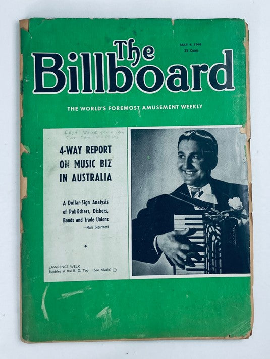 VTG The Billboard Magazine cover from May 4, 1946 featuring Lawrence Welk with an accordion, showcasing the mid-20th century music scene.