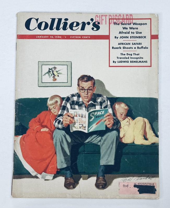 Vintage Collier's Magazine from January 10, 1953, Vol 131 No. 2 featuring an illustration of a man reading with children on a couch, highlighting the article 'Ruark Shoots a Buffalo'.