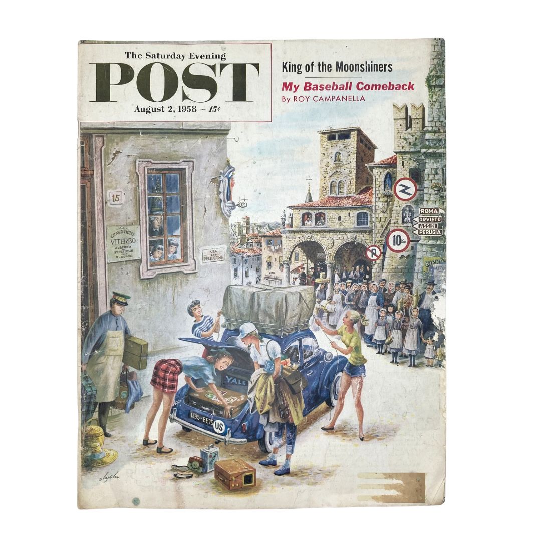 Cover of the Saturday Evening Post Magazine August 2, 1958 showcasing a captivating illustration titled Italy's Hill Town by Alajalov, depicting a vibrant Italian street scene.
