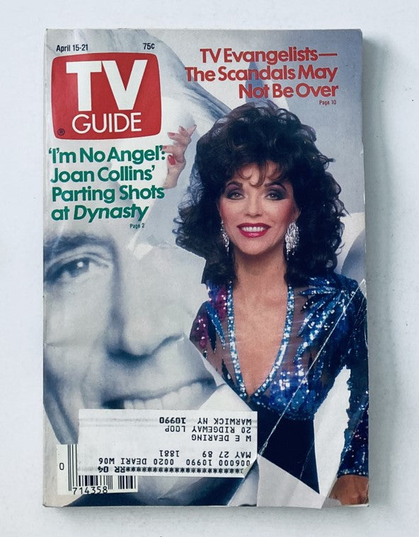 Cover of TV Guide Magazine April 15 1989 featuring Joan Collins and John Forsythe, highlighting a feature on Collins' role in Dynasty.
