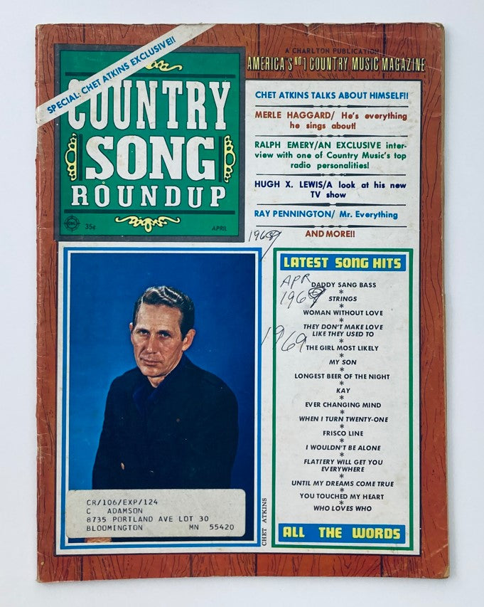 Cover of VTG Country Song Roundup Magazine from April 1969 featuring Chet Atkins and Merle Haggard, showcasing articles and highlights from the country music scene.