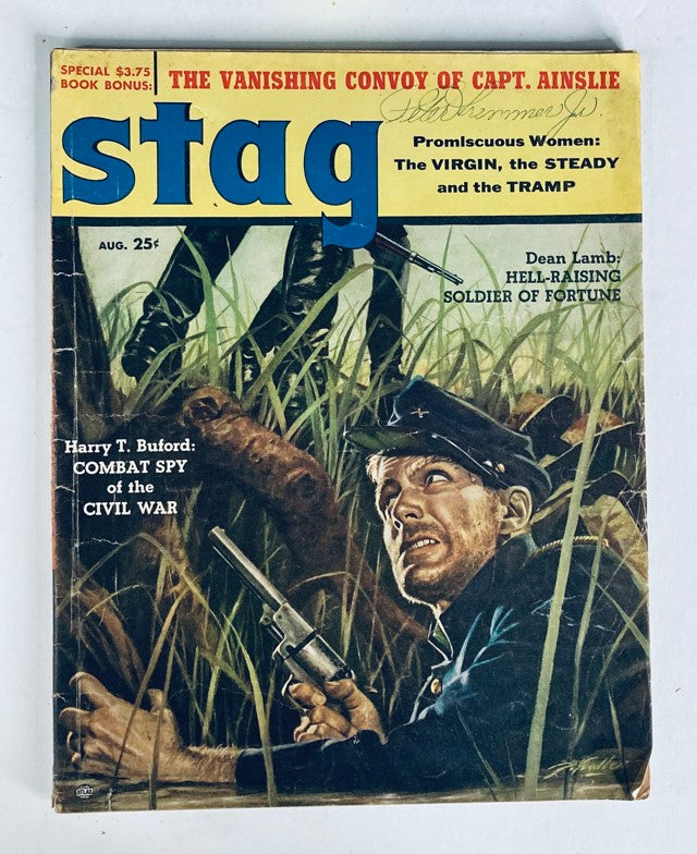 VTG Stag Magazine August 1957 cover featuring Dean Lamb, Soldier of Fortune, showcasing a dramatic illustration of a soldier in a military setting.