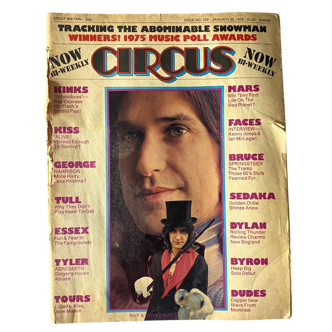 VTG Circus Magazine January 20 1976 cover featuring Ray & Dave Davies, with articles on Kinks, Kiss, and more in good vintage condition.