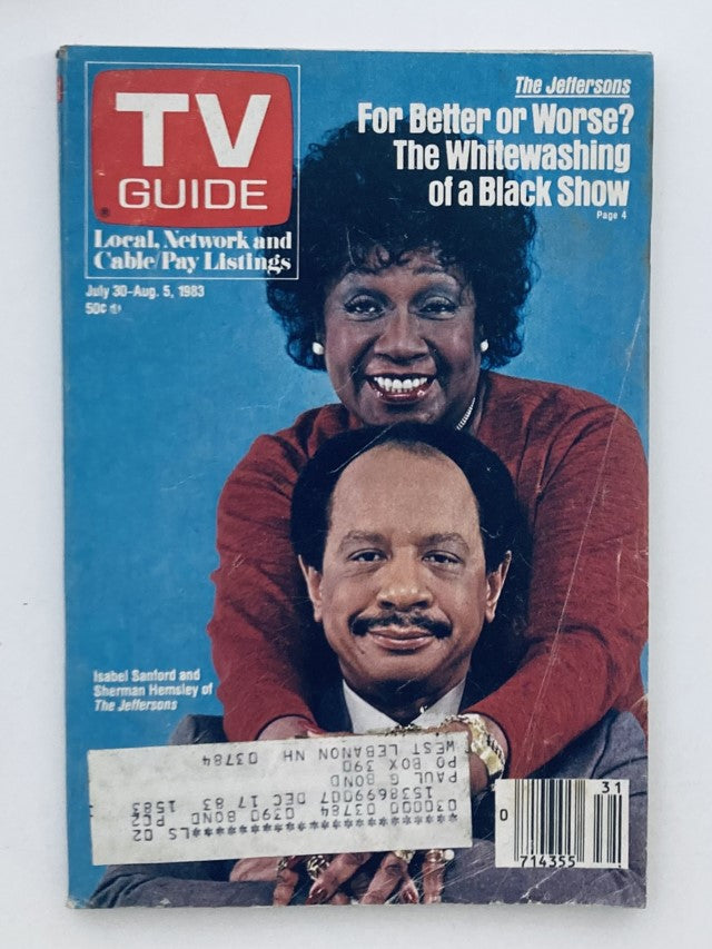 TV Guide Magazine from July 30, 1983 featuring Isabel Sanford and Sherman Hemsley. This New Hampshire edition highlights 'The Jeffersons' and discusses themes of race in television.